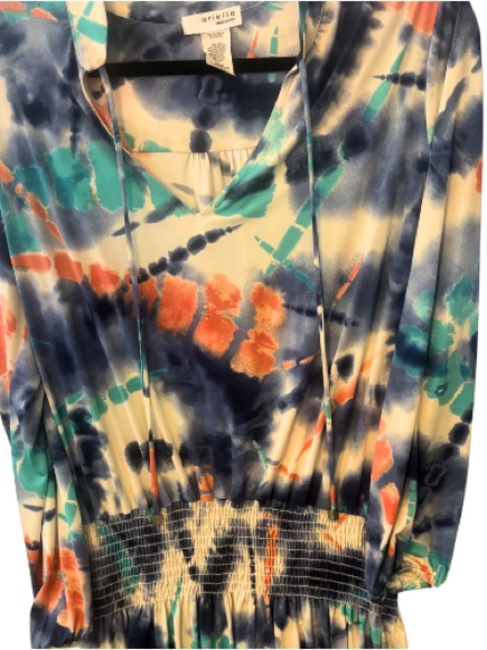 Ariella Multicolor T Print Dress with Navy, Teal & Coral drop waist